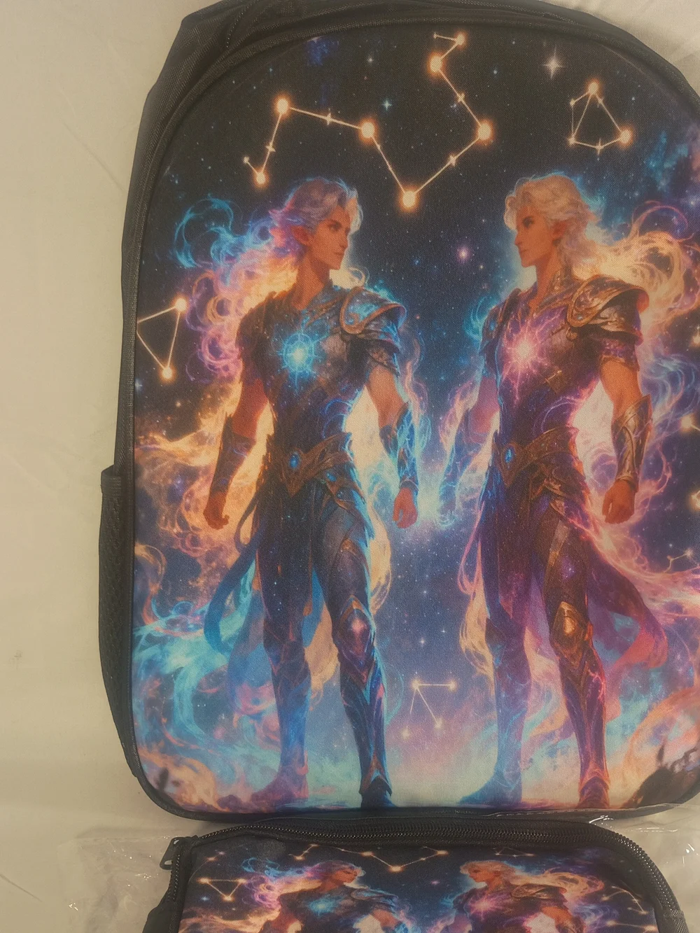 Cosmic Twin Warriors Backpack Set - Blue & Purple Galaxy Print